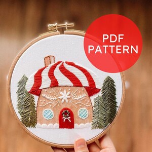 Mushroom Gingerbread House Embroidery PDF, Christmas PDF Pattern for Embroidery, Holiday Embroidery Pattern for Beginner