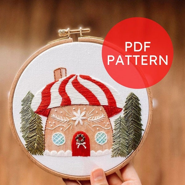 Mushroom Gingerbread House Embroidery Pattern, Christmas Holiday (PDF Pattern)