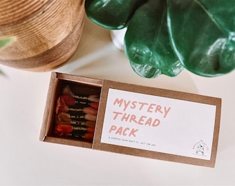 May include: A rectangular brown cardboard box containing several skeins of embroidery thread in shades of pink and orange. The box lid features the text MYSTERY THREAD PACK, A CURATED COLOR PALETTE, JUST FOR YOU, and a small cat logo.