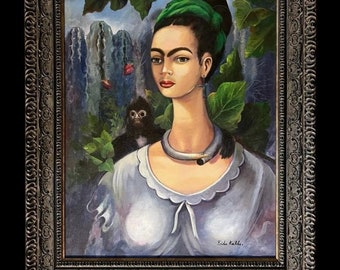 Frida Kahlo Mexican Naive Self Portrait Landscape Monkey Diego Rivera Picasso era Large Oil Canvas Signed Original