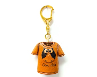 Handmade Leather Owl T-shirt Keychain Charm: Bag Tag, Car Ornament, Japan