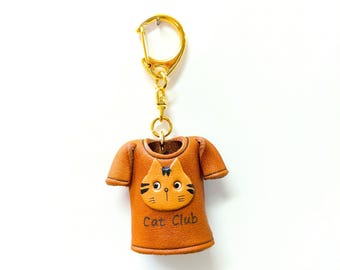 Handcrafted Leather Cat T-Shirt Keychain Charm, Japanese 3D Figurine Accessory