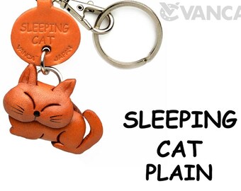 Plain Sleeping 3D  Leather Cat Keychain Keyring Purse Charm Zipper pull Accessory *VANCA* Made in Japan #56414　