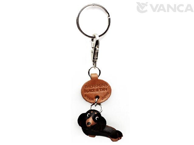VANCA CRAFT Dachshund Leather Keychain - Handmade In Japan, Black & Tan Collectible Keyring