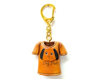 Handcrafted Leather Dog T-Shirt Keychain Charm, Bag Tag, Made in Japan