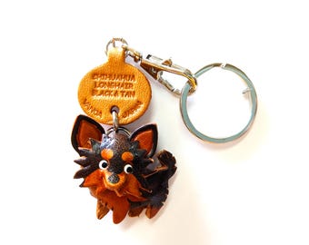 Long haired Chihuahua Black & Tan Leather Keychain Charm – Handmade in Japan