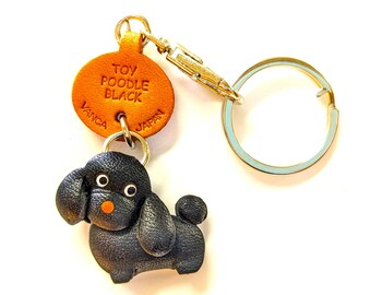 Toy Poodle Black Leather Keychain – 3D Figurine Purse Charm, Made in Japan