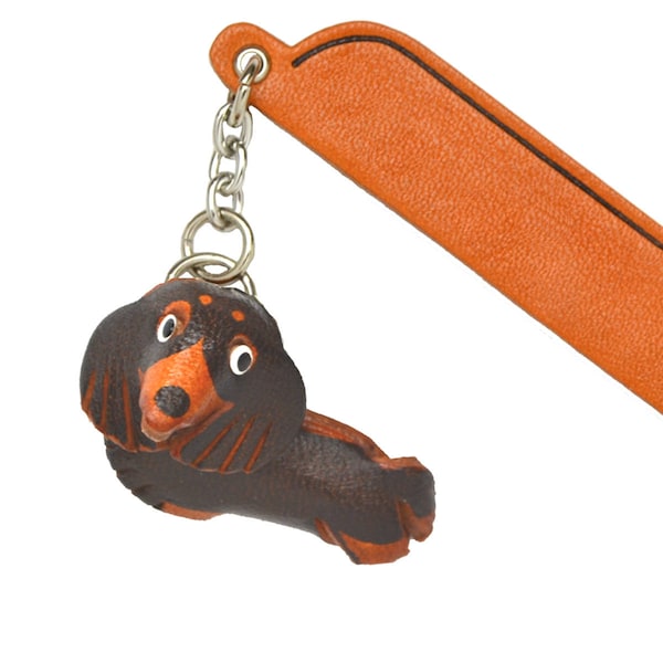 Dachshund long Black&Tan Leather dog Charm Bookmark/Bookmarks/Bookmarker *VANCA* Made in Japan #61771　