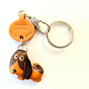 Basset hound puppy hondenras hond 3D lederen sleutelhanger rits bedel *VANCA* handgemaakt in Japan #56703
