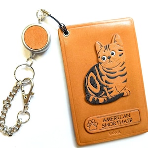 American Shorthair Leather Cat Commuter Pass/Bus Pass/ID Card/Badge Holders *VANCA* Made in Japan #26432 6color variations