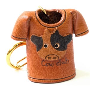 Cow T-shirt 3D Leather Handmade Keychain Charm Bag Tag Car Ornament Handbag Fashion Accessory Father’s Day Gift *VANCA* Made in Japan 56872