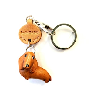 Dachshund smooth hair dog puppy canine 3D leather keychain bag charm zipper charm *VANCA* Handmade in Japan #56722