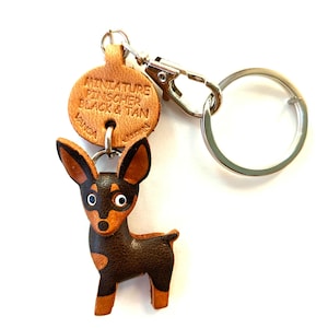 Miniature Pinscher Black&Tan dog puppy canine 3D leather keychain zipper charm bag charm *VANCA* Handmade in Japan #56783