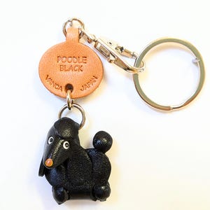 Black poodle standard poodle dog canine 3D leather keychain zipper charm bag charm *VANCA* Handmade in Japan #56750