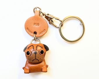 3D Leather Pug Keychain, Handmade Dog Keyring, Purse Charm