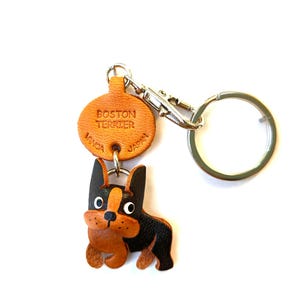 Boston Terrier dog puppy canine 3D leather keychain zipper charm bagcharm *VANCA* Handmade in Japan #56710