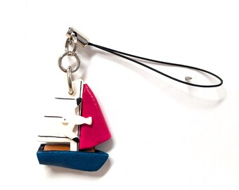 Sail Boat Leather Phone Charm *VANCA* Made in Japan #46366　