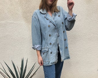 Denim Vintage Oversized Jacket with Loop Closure Buttons