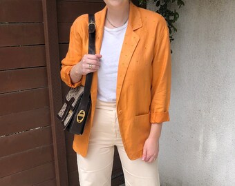 Orange Embellished Oversized Linen Blazer