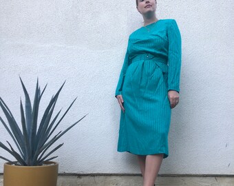 Vintage 80s Satin Turquoise Long Sleeve Midi Dress
