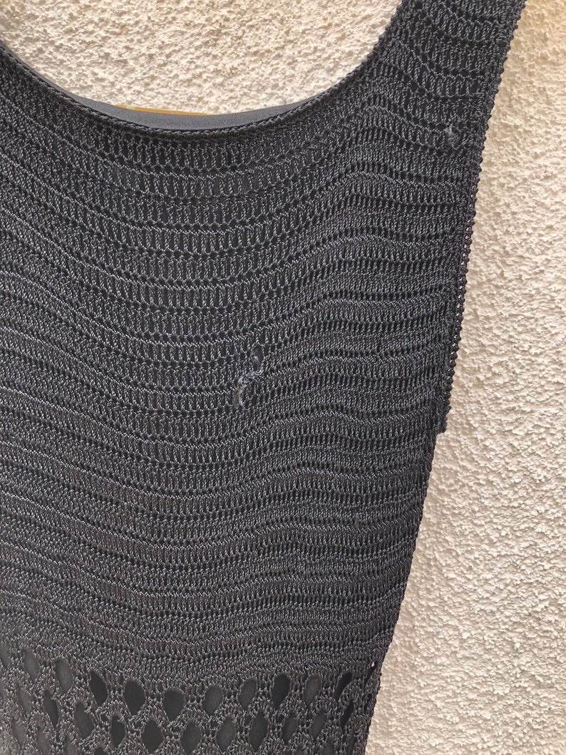 1990s Vintage Black Crochet Fitted Tank Dress Size Medium