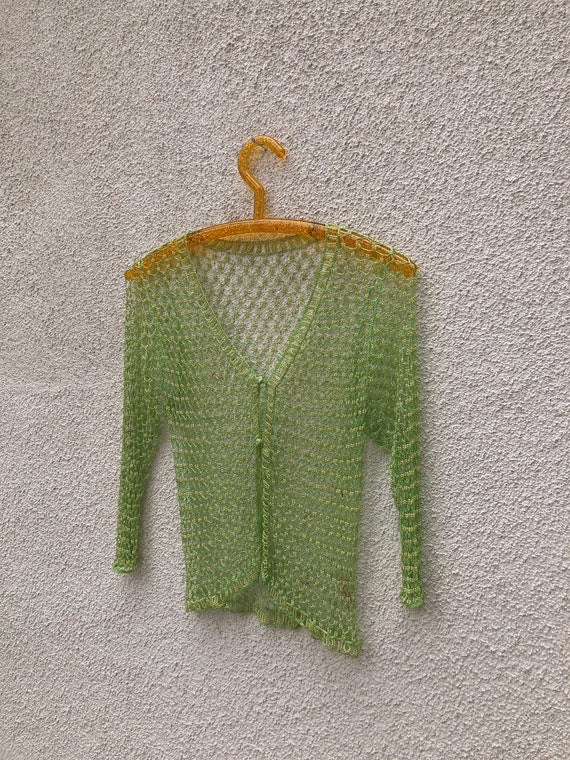 Crochet Beaded Sheer Cardigan Lime Green 90s