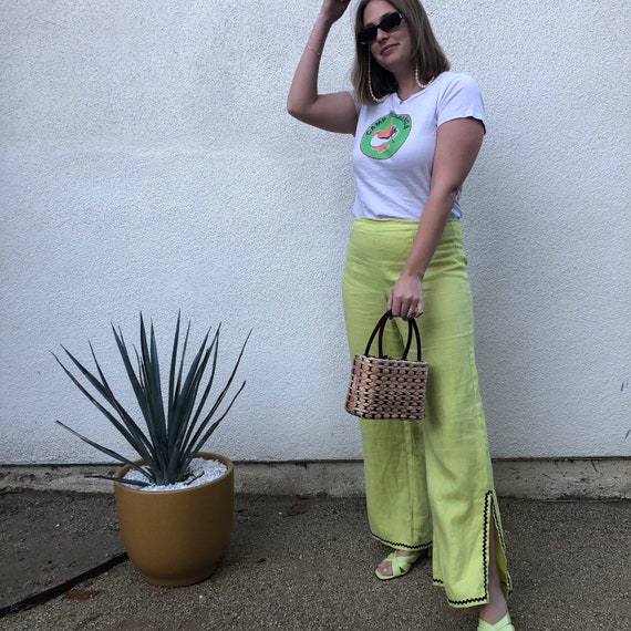 Vintage 1980s Lime Green Linen Flare Pants