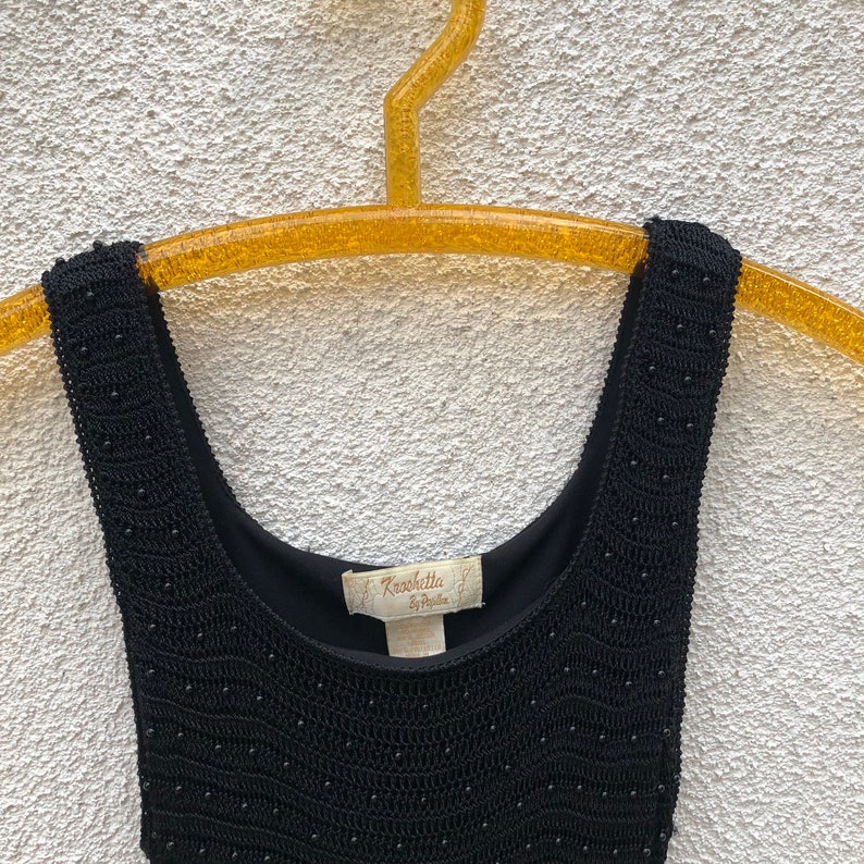 1990s Vintage Black Crochet Fitted Tank Dress Size Medium