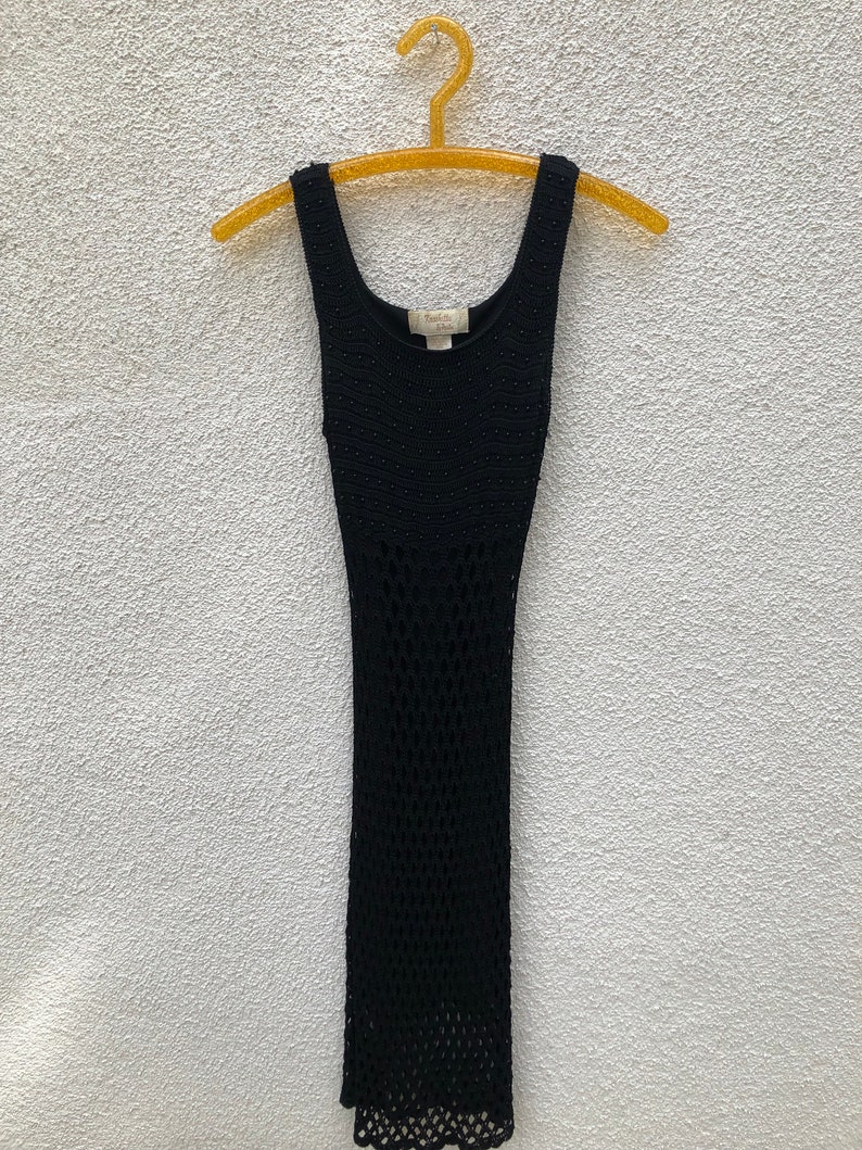 1990s Vintage Black Crochet Fitted Tank Dress Size Medium