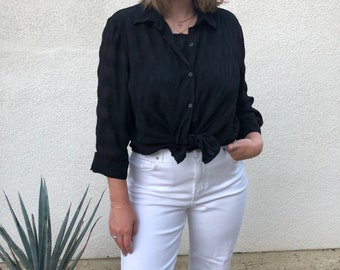 90s Black Striped Chiffon Long Sleeve Button Down Blouse