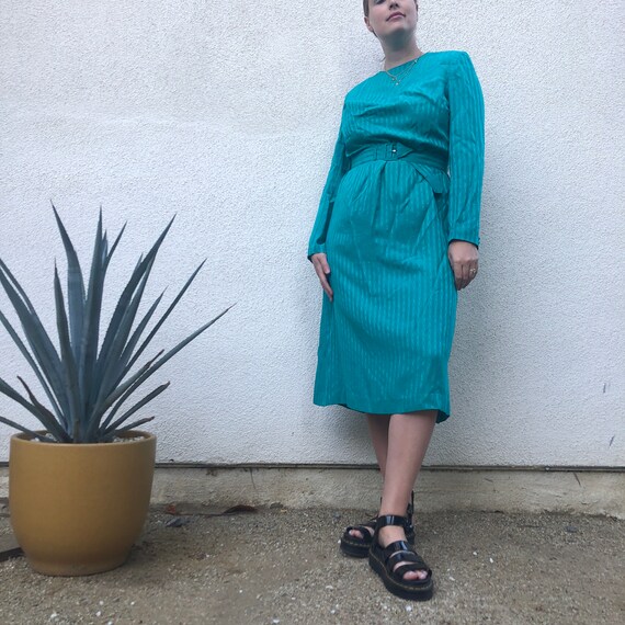 Vintage 80s Satin Turquoise Long Sleeve Midi Dress