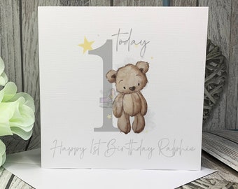 Personalised 1st first birthday card gift daughter son neice nephew baby 1st birthday 2nd 3rd teddy watercolour cute number