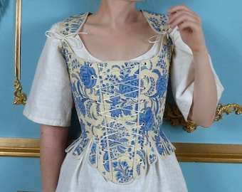 Corsé de algodón estampado de colores con cordones en la parte delantera y trasera del siglo XVIII, trajes de recreación histórica, ropa interior
