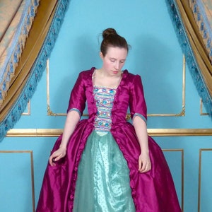 Ready to ship Georgian Rococo Dress Pink Taffeta Green Skirt Satin Dress