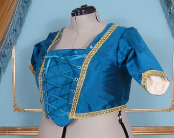 Preloved Klaar voor verzending Georgische Rococo-jurk met blauwgroen satijnen lijfje