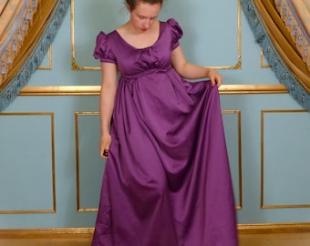 Abito da ballo semplice in micro raso Regency di Jane Austen, stile impero, costume storico