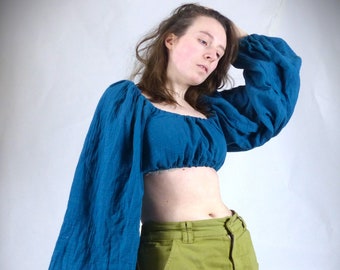 Crop Top Farbe Baumwolle Gauze Langarm Renaissance BauernBluse Kostüm Anzug Ren Faire