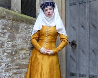 Rangieren Satin vorne geschnürt Mittelalter Frauen Kirtle Kleid 14th Century Kostüm in verschiedenen Farben erhältlich