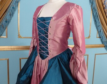 Ready to ship Georgian Rococo Dress Pink and Teal Cotton Dress