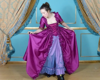 Robe a la Polonaise Ruffle edge 18th century Shantung Satin Over Dress, Historical Ladies Costume