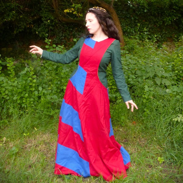 Surcoat médiéval rayé bicolore Costume historique Reconstitution du XIIIe siècle