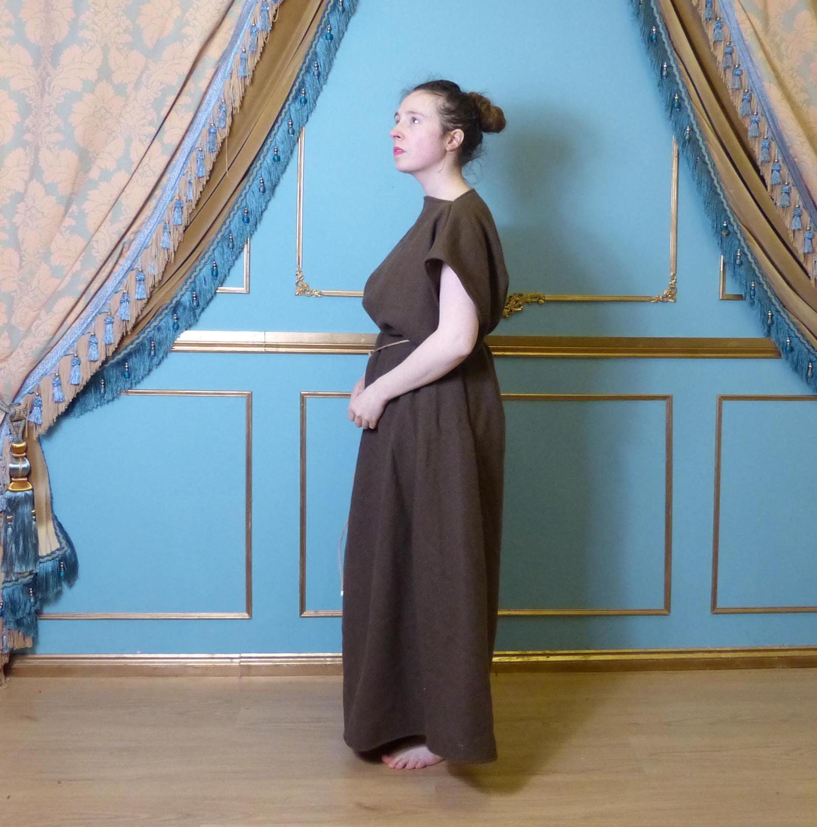 Ready to Ship Greek Tunic in Brown Wool With Decorative