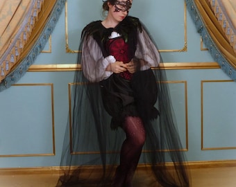 Evil Queen Gothic Fantasy Tulle Net Feather Cloak For Costume and Dress Up Events