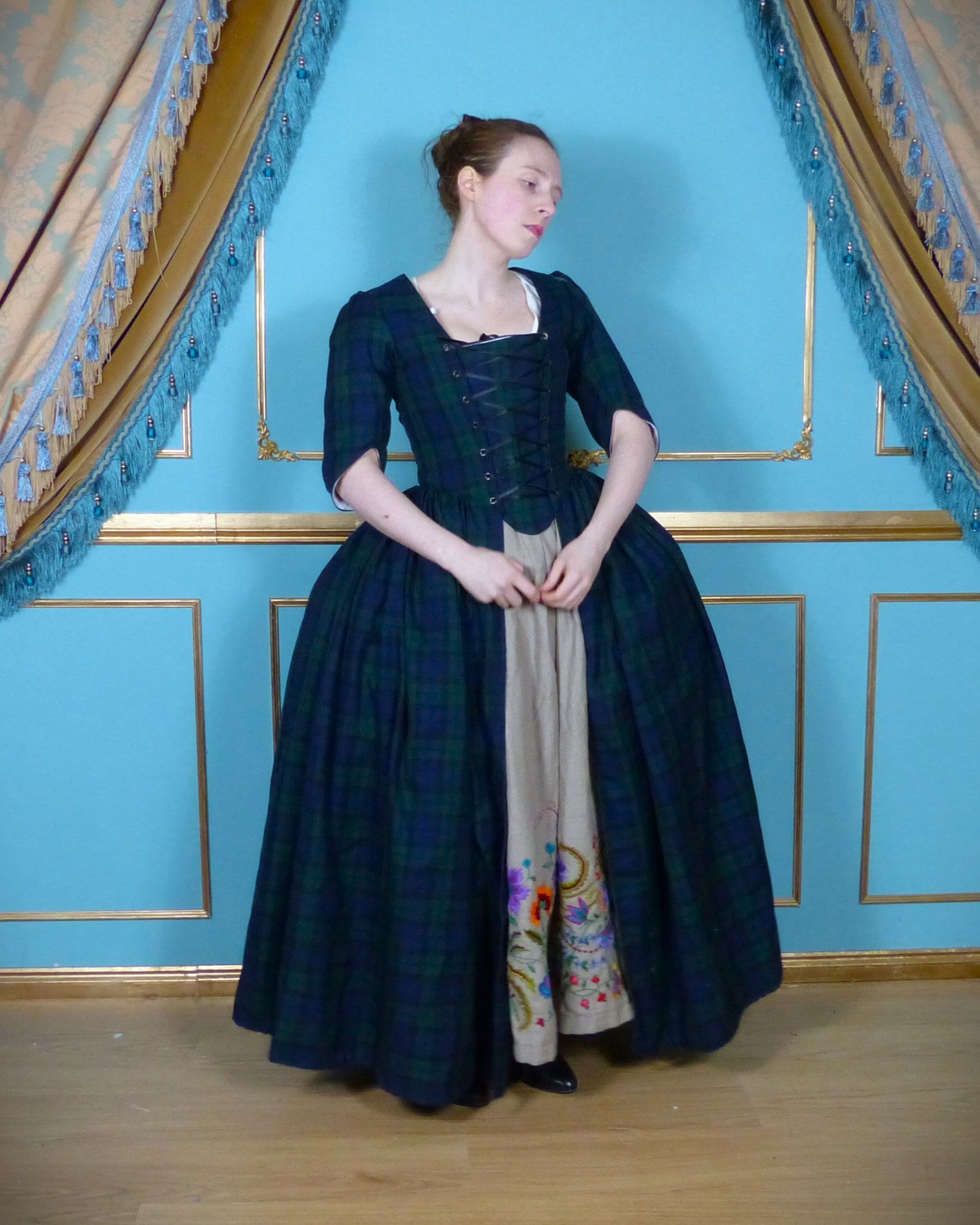 Robe a la Polonaise 18th century Women's Cotton Tartan Over Dress, Historical Ladies Costume