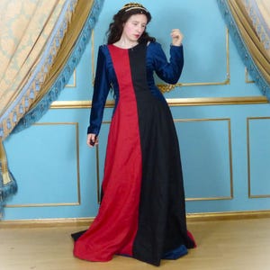 May include: A long, flowing dress with a red, black and blue colour scheme. The dress has a fitted bodice and a full skirt. The sleeves are long and fitted. The dress is made of a velvet fabric.