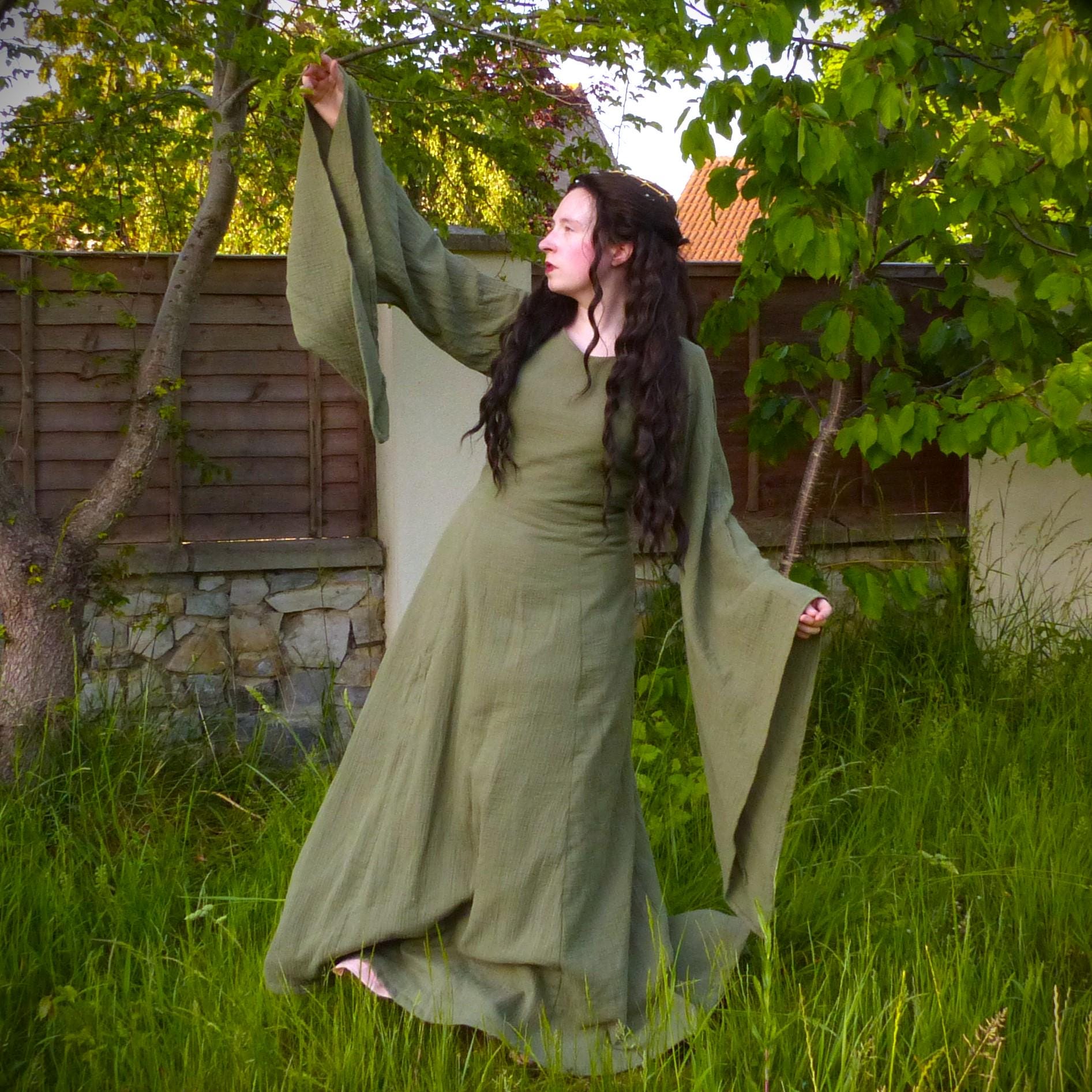 jordan carver green dress Long Sleeve Cotton Gauze Medieval Elven Kirtle Dress Historical Costume