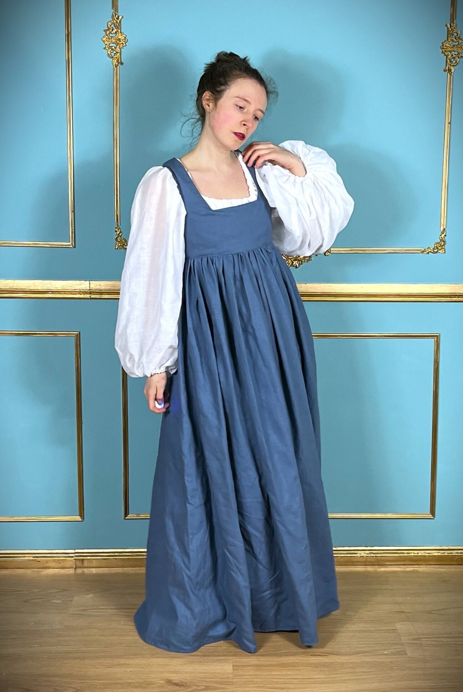 chinese dress ladies Button Down Short Sleeve Peasant Linen Dress M / Sienna