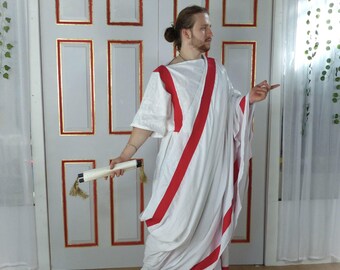 男性用古代ローマ元老院の白いリネンのコスチュームトーガ（再現や仮装