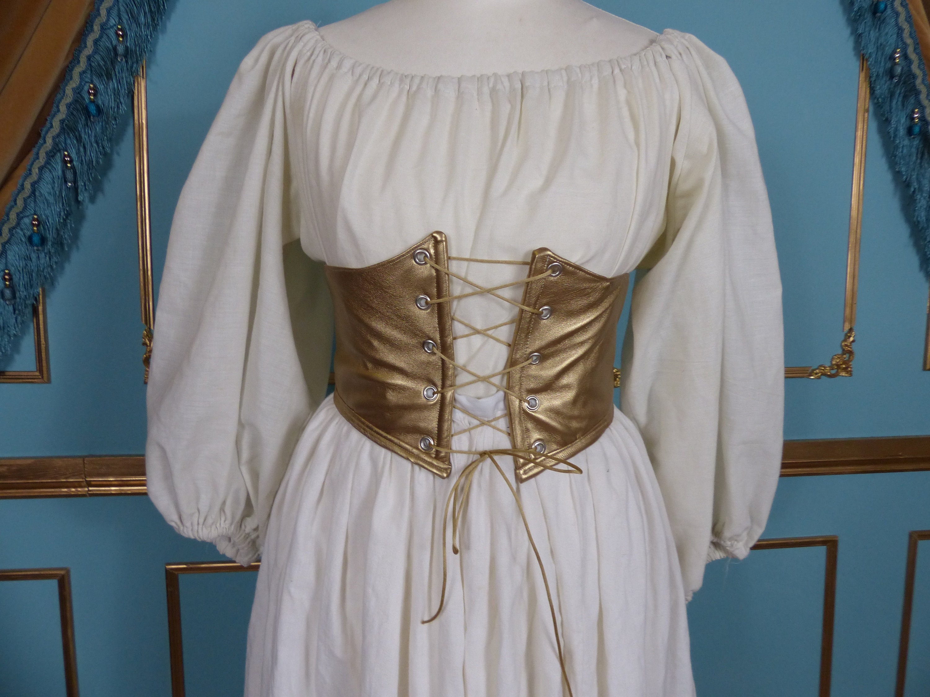Gold Lace-Up Corset Belt Wide Elastic Waist Renaissance Costume Accessory Brown Elastic Waist Belt Lace-Up Corset Style Renaissance  main image 2