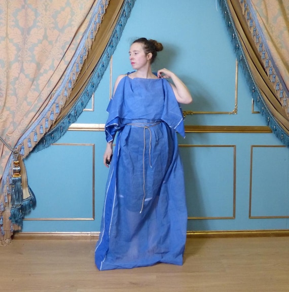 Ready to Ship Greek Tunic in Blue Muslin With Decorative